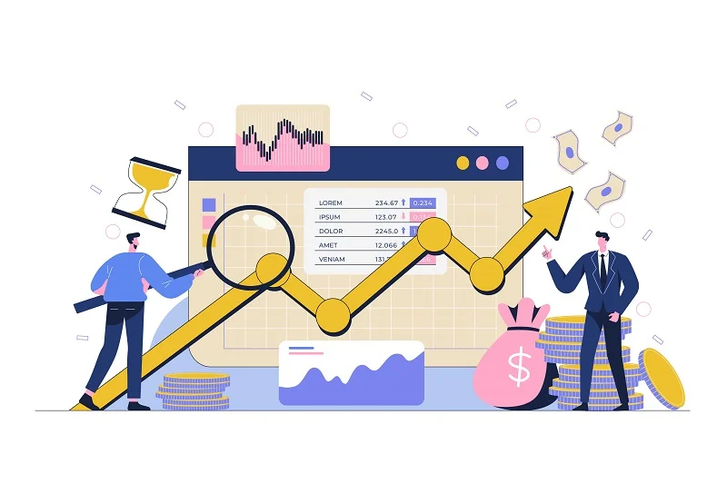 Ilustração de profissionais analisando gráficos financeiros e pilhas de moedas, representando o impacto do coeficiente do IBS na distribuição de receita e nas empresas.