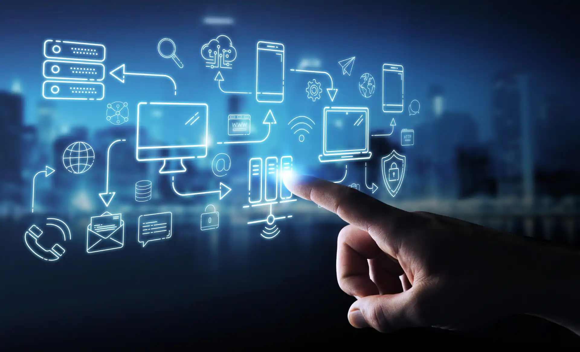 Mão interagindo com ícones luminosos de tecnologia e redes, ilustrando a rápida adoção de inteligência artificial por pequenas empresas.