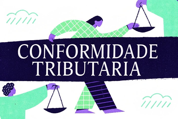 Ilustração estilizada de uma pessoa segurando a faixa com o texto Conformidade Tributária, simbolizando a busca por correção e equilíbrio fiscal antes da fiscalização.
