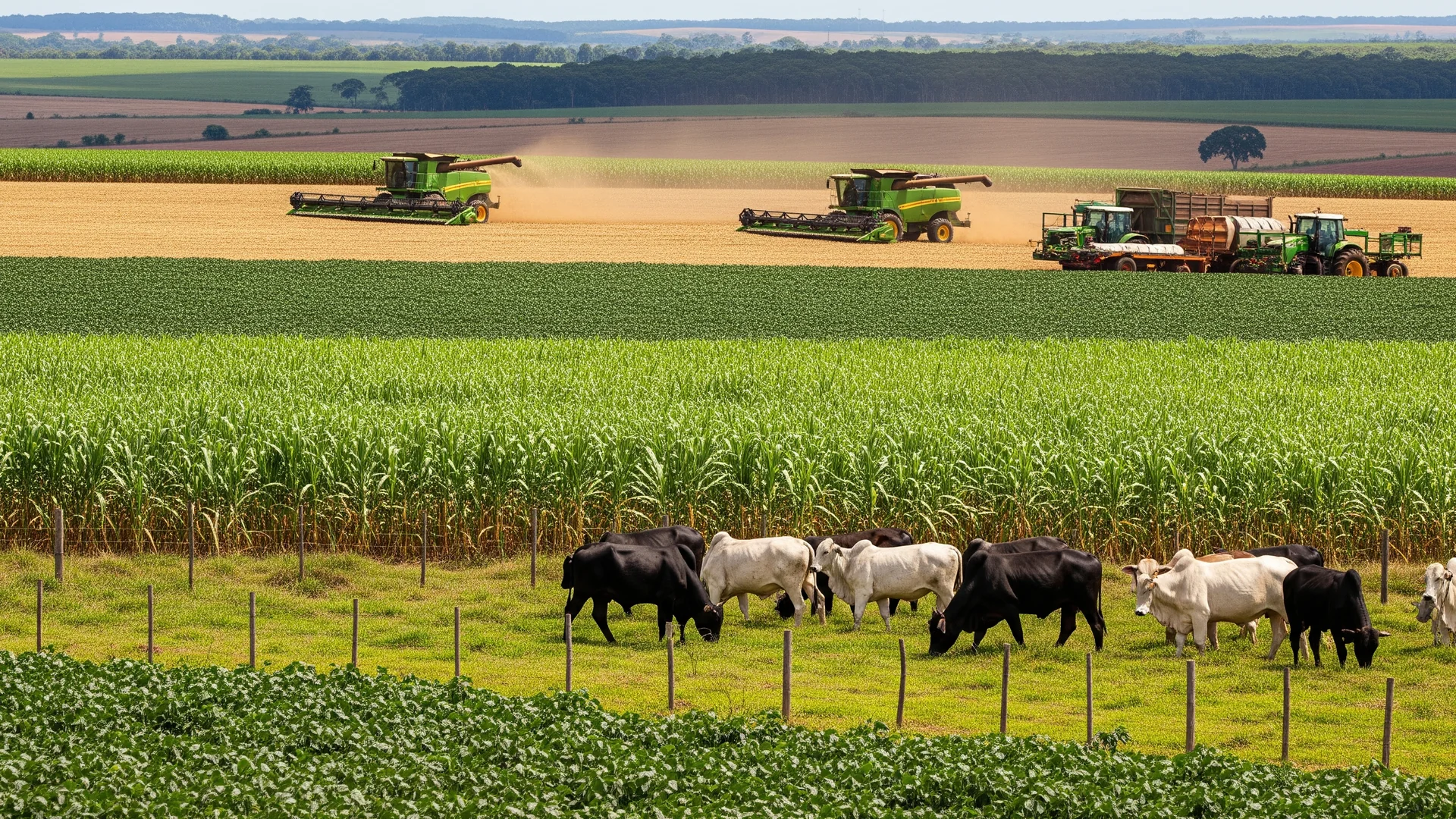 Paisagem rural brasileira com tratores colheitadeiras trabalhando na lavoura e gado pastando em primeiro plano, ilustrando o cenário do produtor rural que pisou no freio.