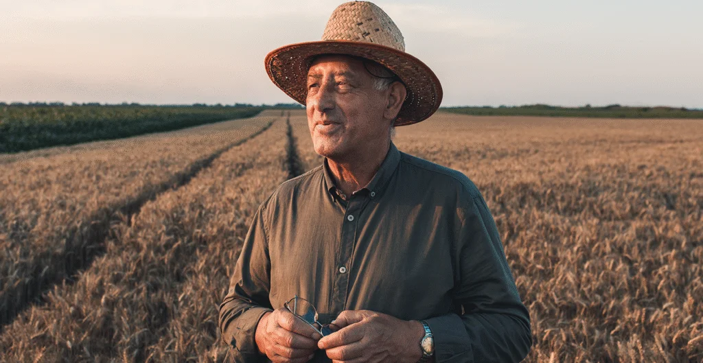 Produtor rural brasileiro pensativo usando chapéu de palha em meio a uma plantação de trigo.