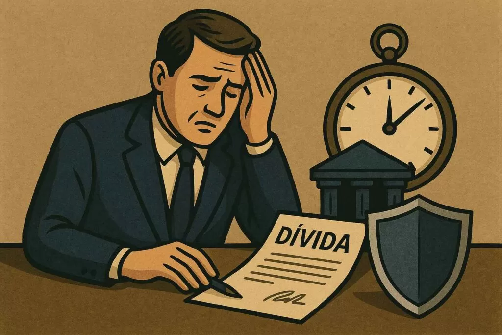 Ilustração em estilo retrô de um homem preocupado com uma dívida, simbolizando a oportunidade de regularização fiscal na Transação PGFN até 30/09/2026.