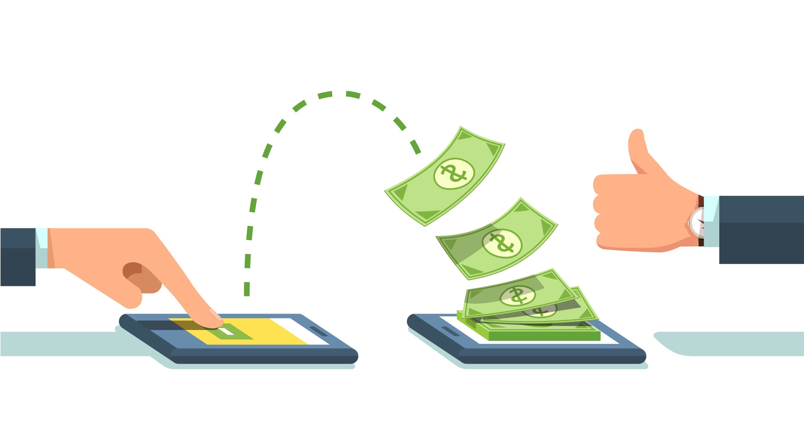 Ilustração vetorial de uma mão fazendo transferência de dinheiro por aplicativo de celular para ilustrar a transição de trabalhador CLT para MEI.