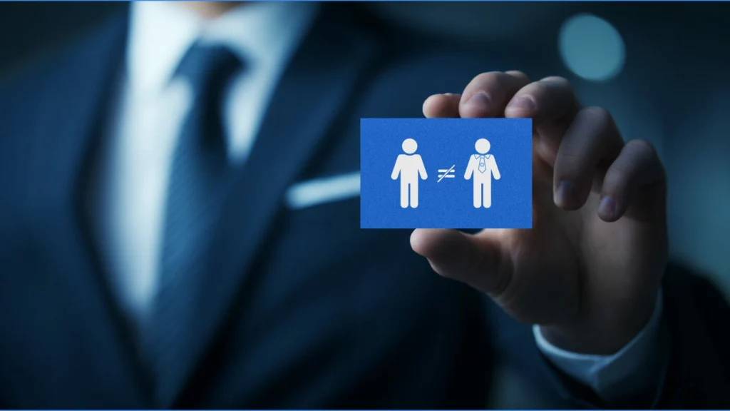 Homem de terno segura um cartão azul com ícones separados, ilustrando a separação essencial entre finanças pessoais e corporativas para uma boa gestão empresarial.