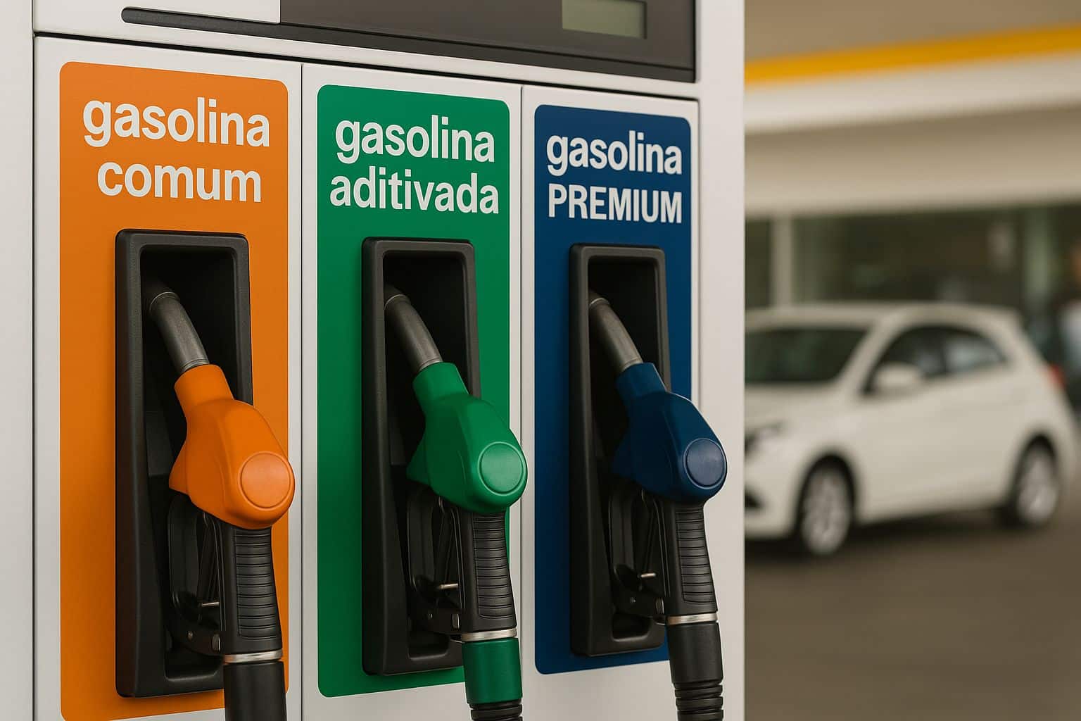 Bombas de combustível em um posto mostrando as opções de gasolina comum, aditivada e premium, ilustrando o impacto do preço da gasolina para o consumidor.
