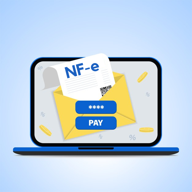 Ilustração de uma nota fiscal eletrônica saindo de um envelope em uma tela de notebook, simbolizando os impactos da reforma tributária e a falsa sensação de segurança nas empresas.