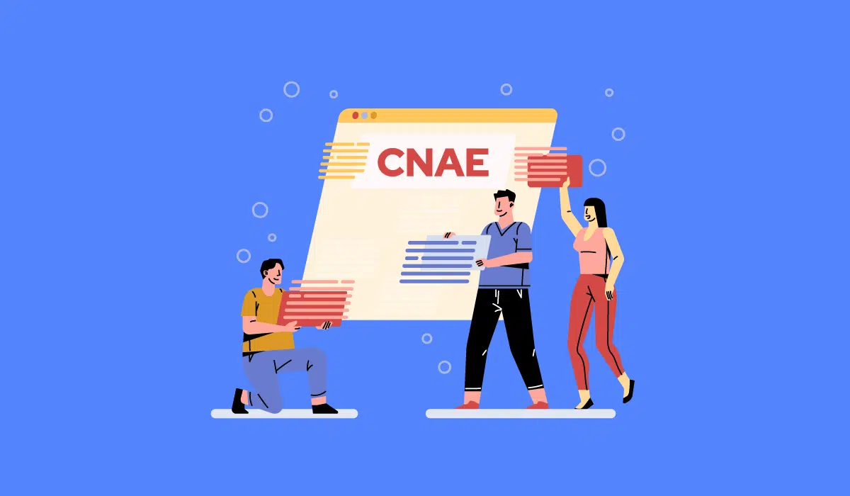 Ilustração com fundo azul de três pessoas organizando documentos em frente a uma tela com a palavra CNAE destacada, ilustrando os riscos de escolher a atividade empresarial errada.