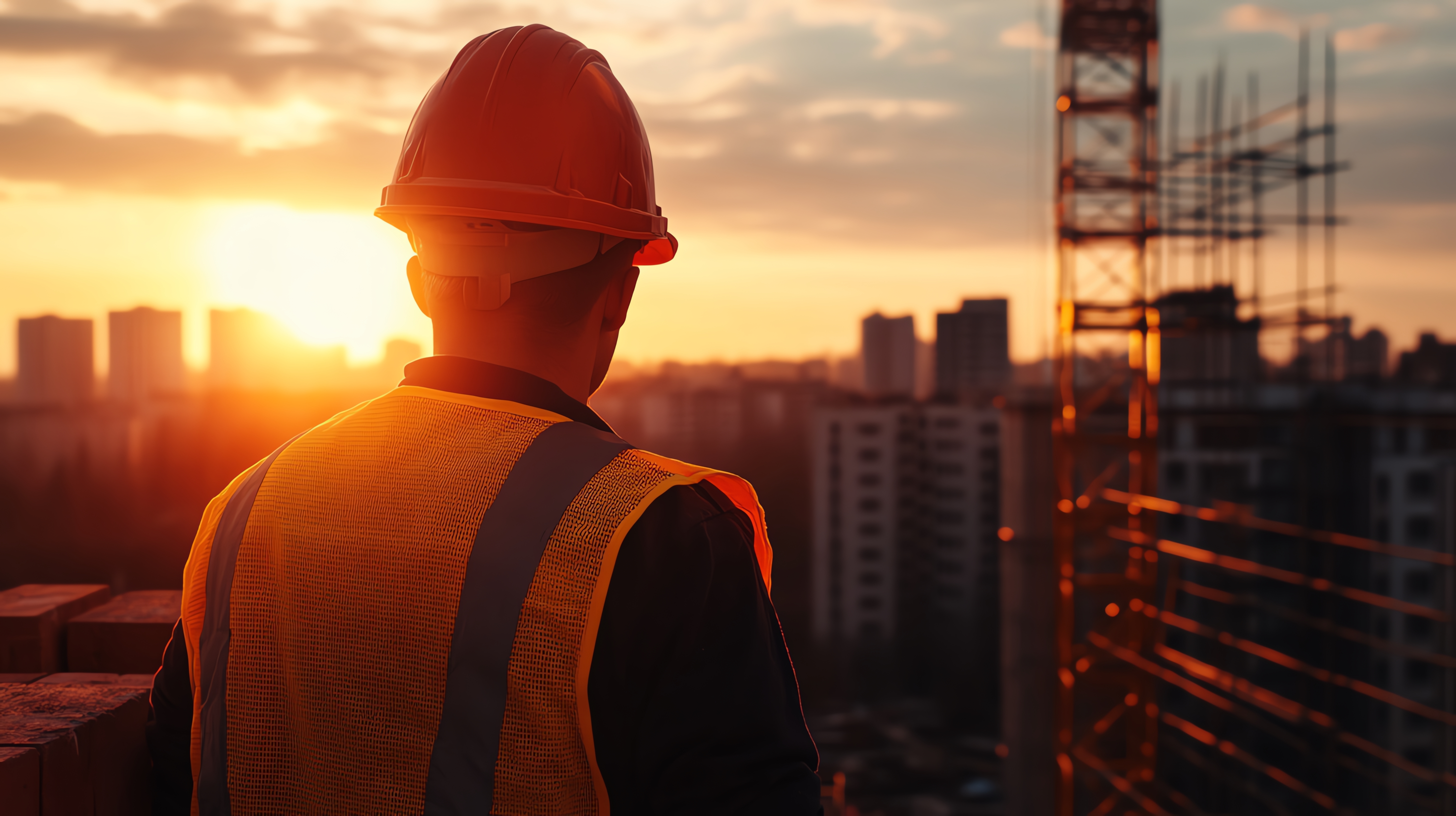Engenheiro de capacete e colete refletivo observa uma obra ao pôr do sol, ilustrando planejamento estratégico na construção civil.