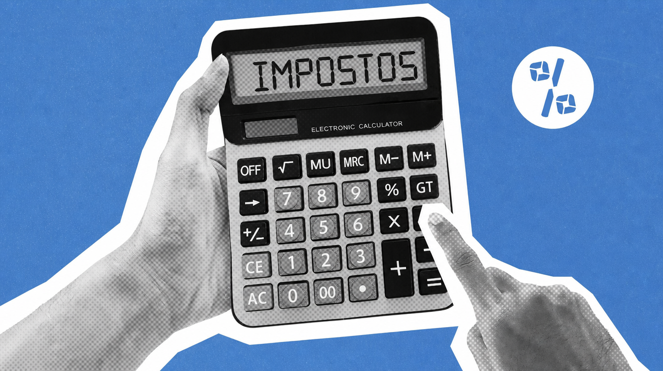 Mãos segurando uma calculadora com a palavra IMPOSTOS no visor, ilustrando o cálculo de RAD e a retenção de tributos.