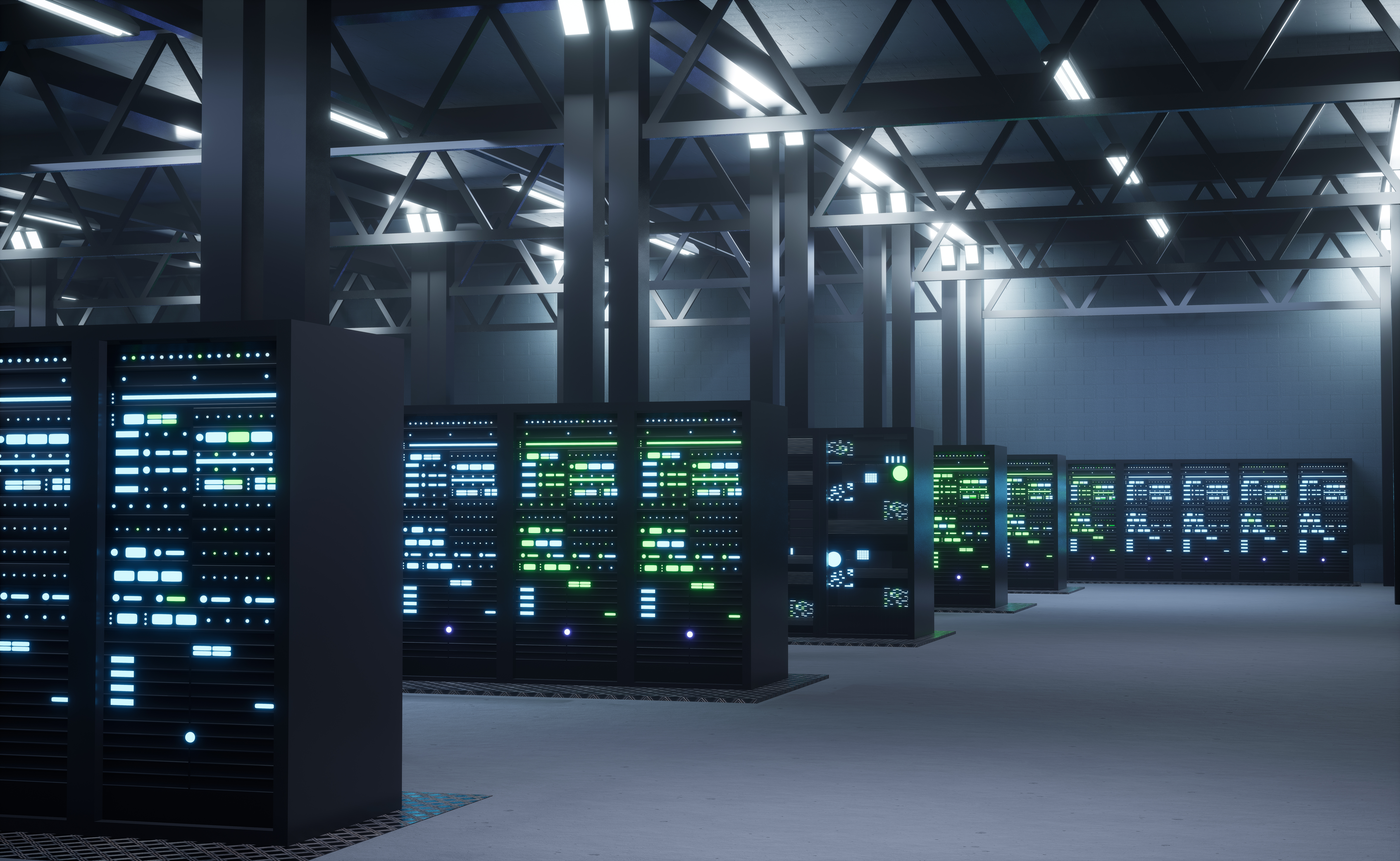 Interior de um data center moderno beneficiado por programa de redução de impostos para instalação de servidores, com fileiras de racks iluminados.