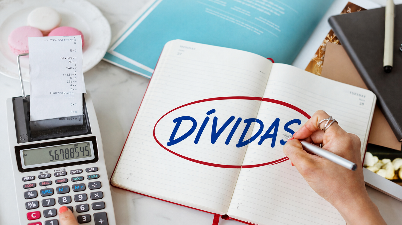 Mão escrevendo a palavra "DÍVIDAS" circulada em vermelho em um caderno de planejamento financeiro aberto, ao lado de uma calculadora digital com recibo, ilustrando o guia completo sobre como regularizar dívidas em Cuiabá. O texto visual central "DÍVIDAS" representa a organização para renegociação de débitos e limpeza de nome em Cuiabá-MT.