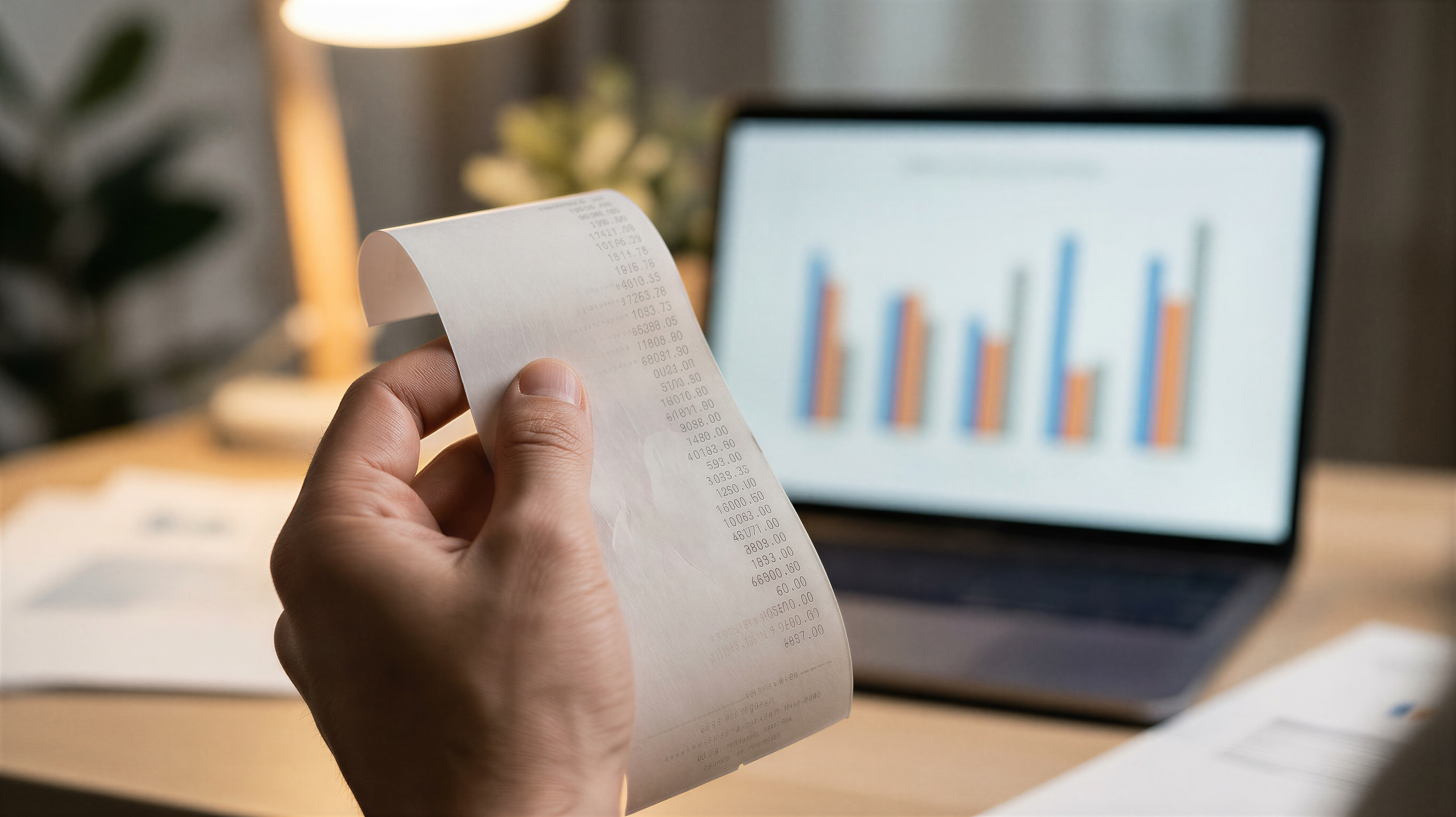 Pessoa segurando um extrato fiscal em papel com gráficos financeiros e um notebook ao fundo para emissão de NF-e.