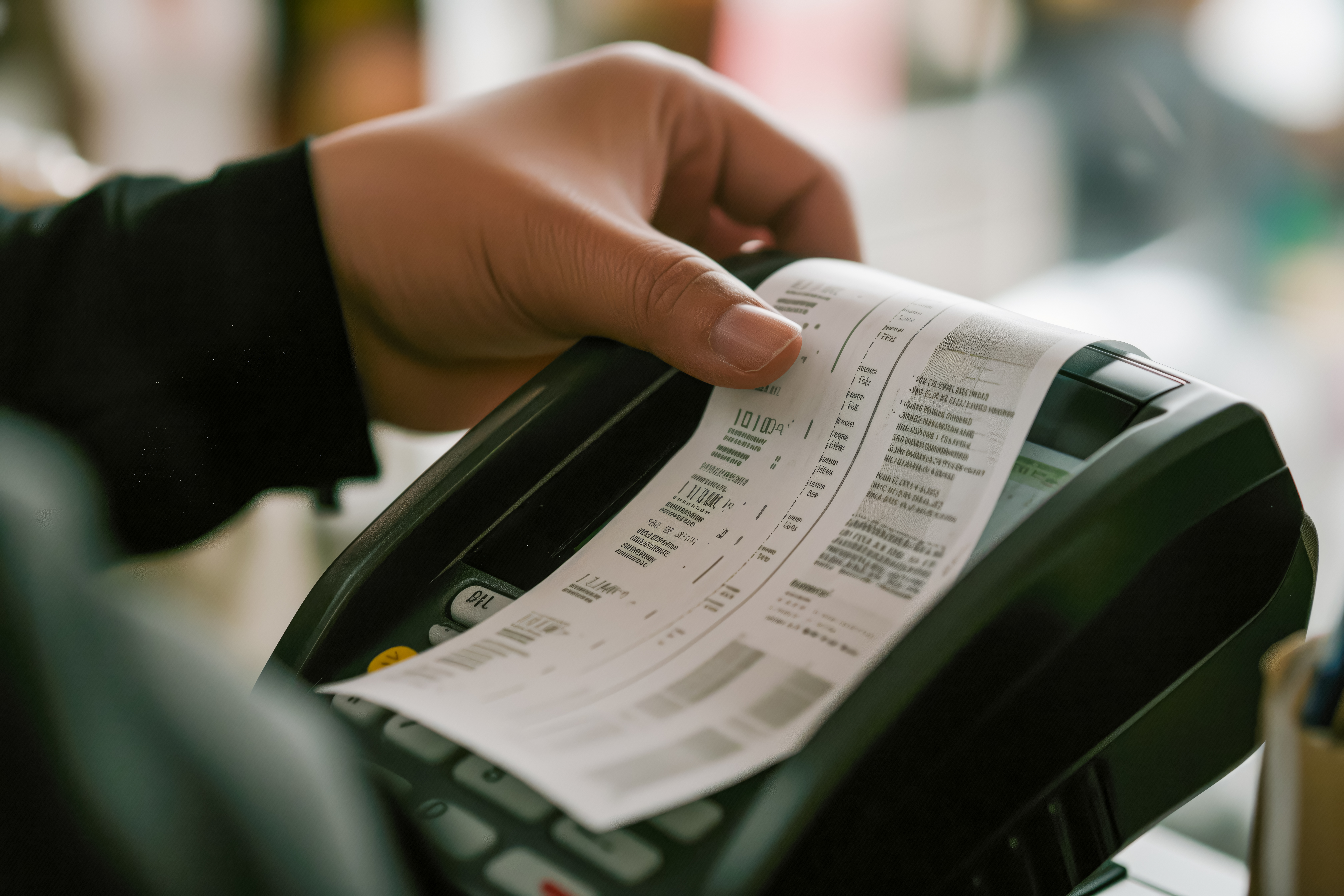 Pessoa segurando uma maquininha de cartão enquanto imprime o comprovante e a nota fiscal.